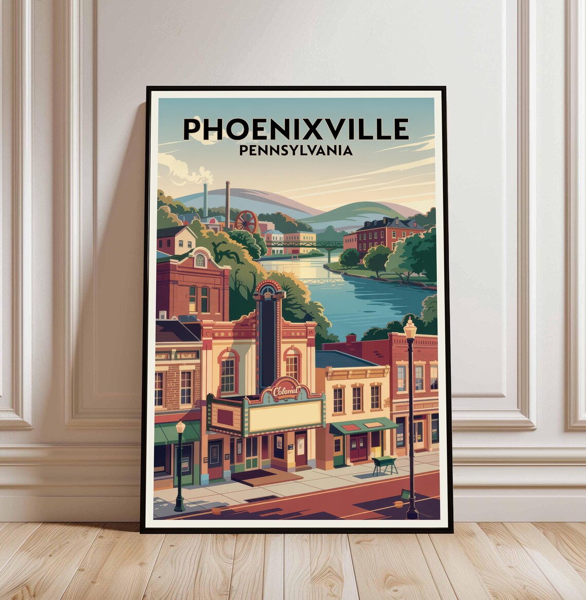 Phoenixville Pennsylvania Colonial Theatre River Vintage Travel Poster