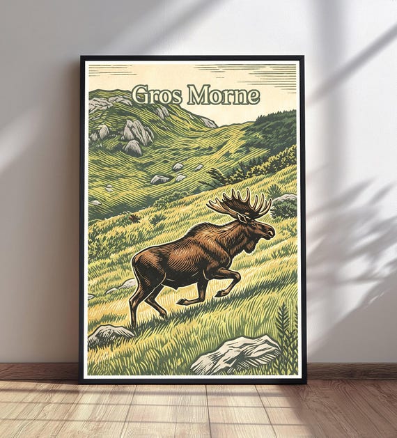 Gros Morne National Park Print Vintage Travel Poster Moose Nature Wall Art Canada Parks Decor