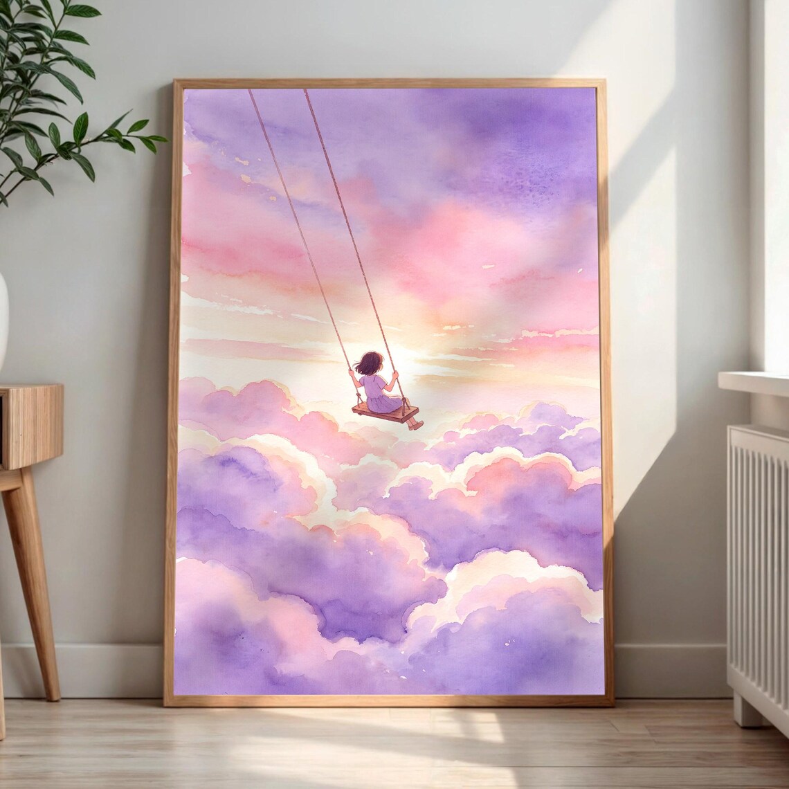 Dreamy Girl on Swing Watercolor Cloudscape Pink Sky Art Print