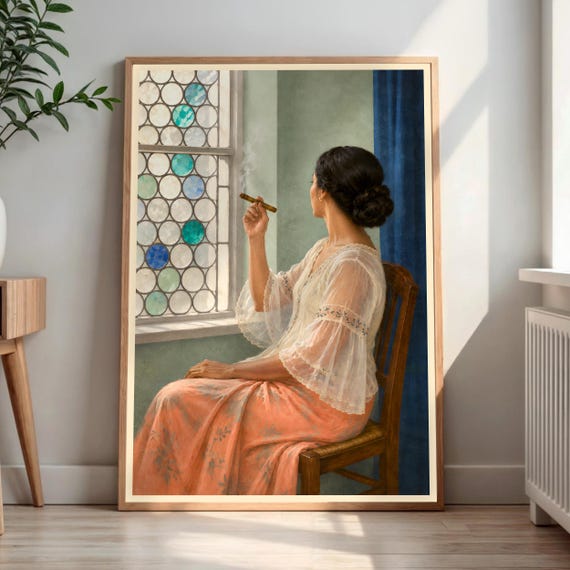Woman Smoking Cigar Print Stained Glass Window Art Vintage Style Wall Decor Midcentury Modern