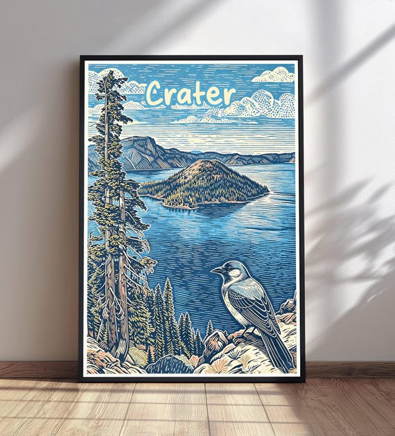 Crater Lake National Park Poster Wizard Island Print Vintage Travel Art Woodcut Style Wall Decor