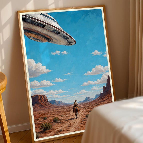 Cowboy Ufo Art Print Retro Western Scifi Poster Vintage Desert Wall Decor Alien Spaceship