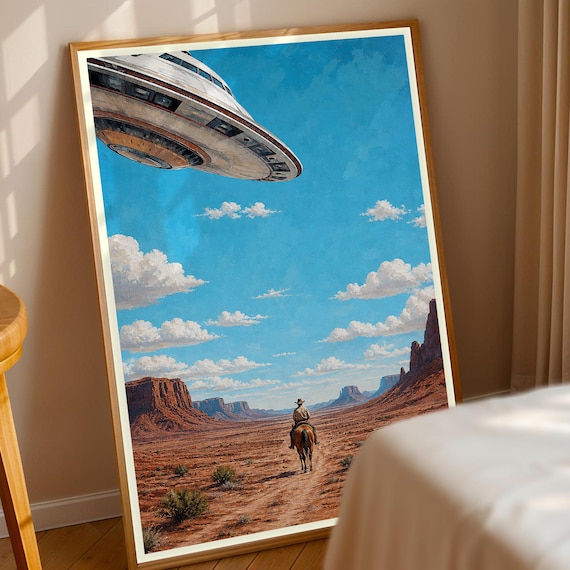 Cowboy UFO Desert Encounter Retro Western Sci Fi Painting Poster
