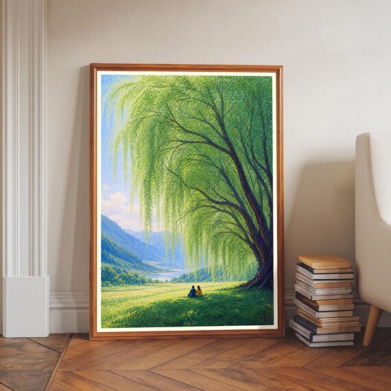 Weeping Willow Tree Green Valley Lake Landscape Painting Poster