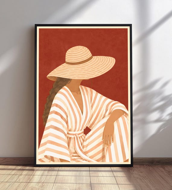 Boho Woman Wall Art Terracotta Abstract Print Wide Brim Hat Decor Striped Dress
