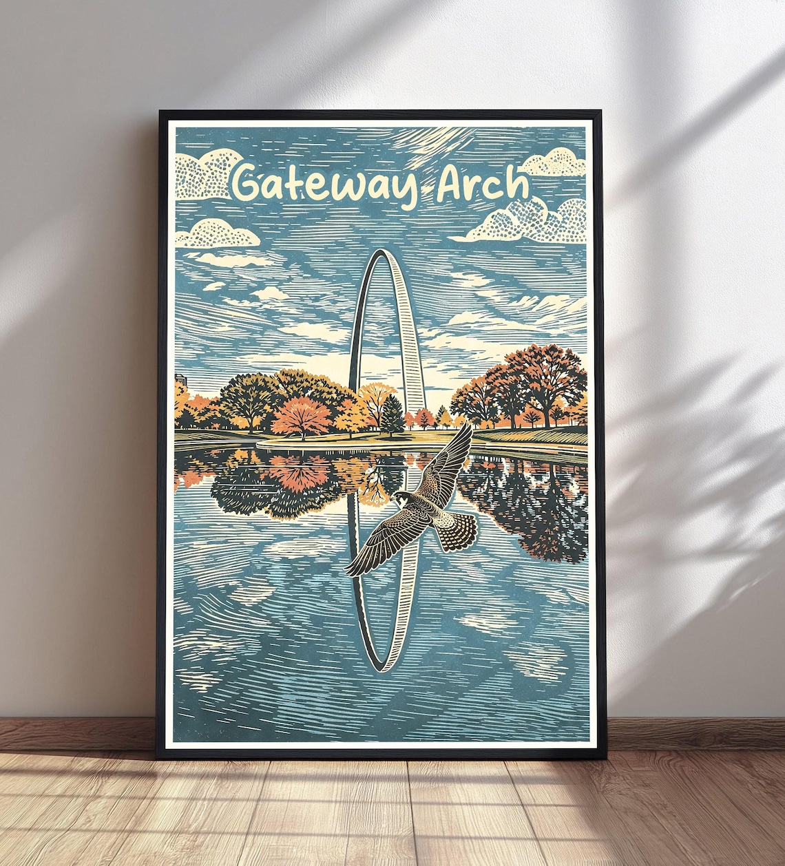 Gateway Arch St Louis Autumn Lake Woodcut Style Vintage Travel Poster