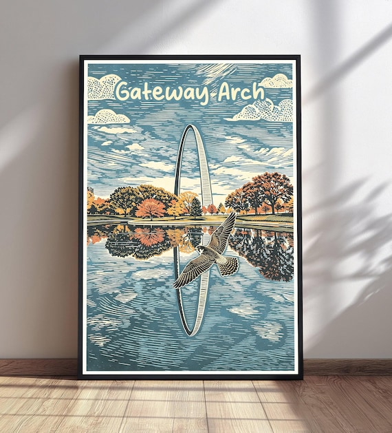 Gateway Arch St Louis Autumn Lake Woodcut Style Vintage Travel Poster