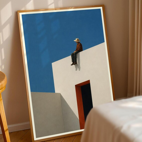 Man in Hat Rooftop Minimalist Poster Blue Sky Geometric Illustration