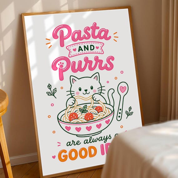 Pasta Cat Print Lover Wall Art Funny Pet Poster Kitten Eating Spaghetti Decor