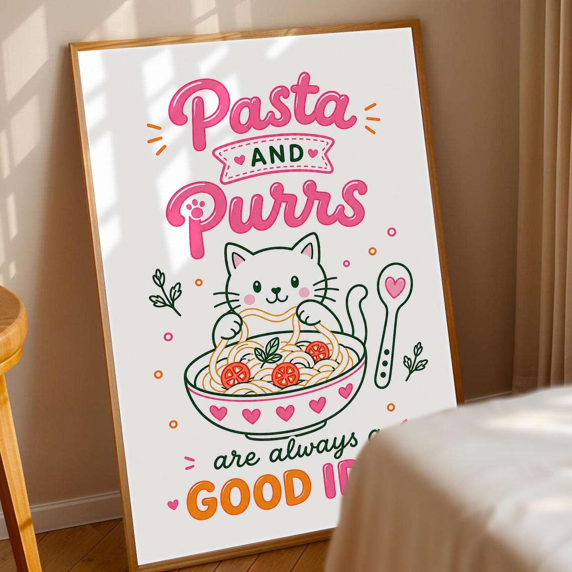 Pasta Cat Print Lover Wall Art Funny Pet Poster Kitten Eating Spaghetti Decor