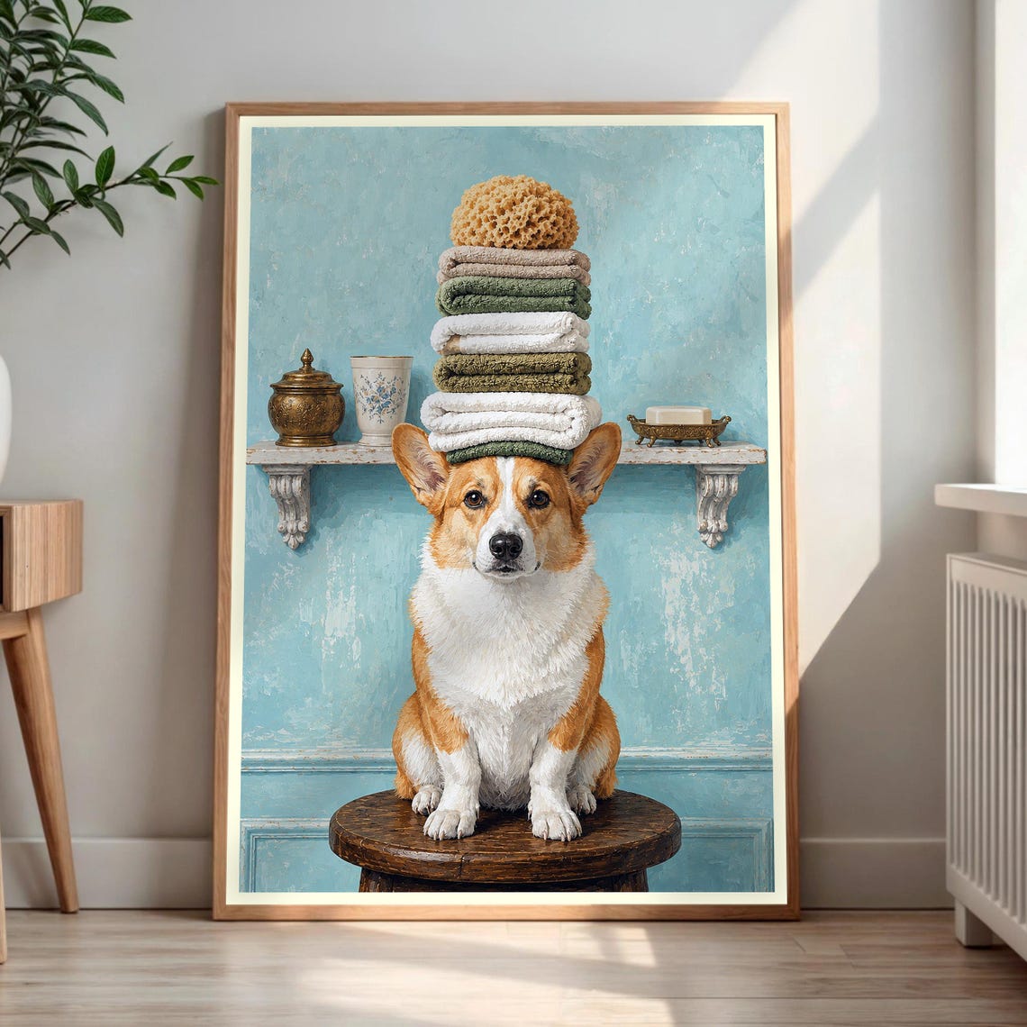 Funny Corgi Spa Dog Balancing Towels Whimsical Bathroom Decor Poster