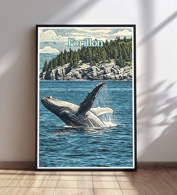Forillon Travel Poster Humpback Whale Print Vintage National Park Art Canada Wall Decor