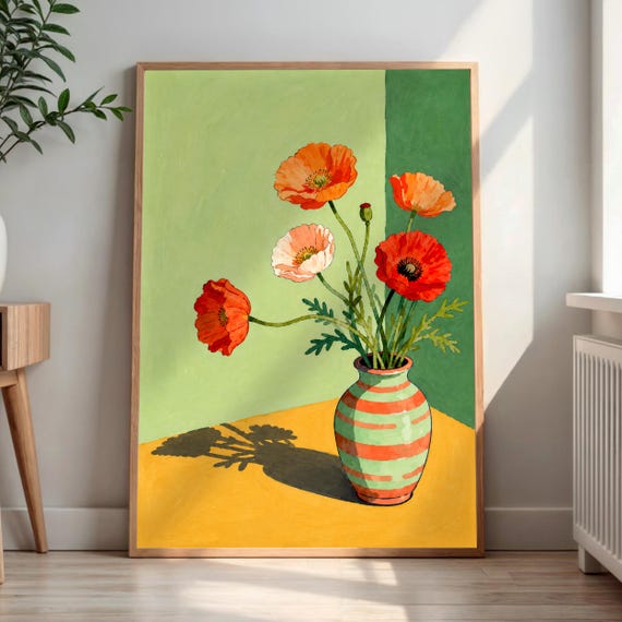 Poppy Flower Wall Art Orange Red Poppies Painting Striped Vase Floral Print Green Yellow Decor