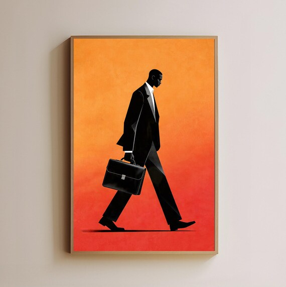 Businessman Briefcase Silhouette Orange Minimalist Modern Art Poster
