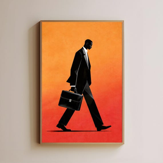 Minimalist Black Man Art Print Silhouette Briefcase Decor Orange Red Gradient Wall Modern Office
