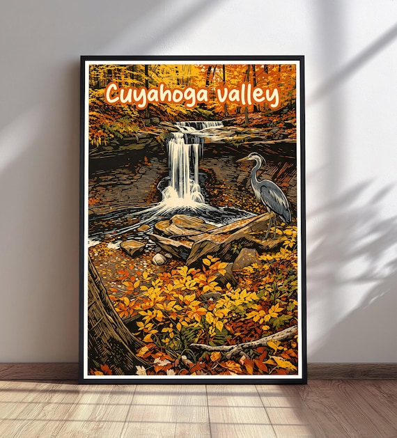 Cuyahoga Valley Autumn Waterfall Heron Vintage Travel Poster