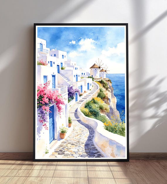 Santorini Watercolor Painting Greek Village Wall Art Mediterranean Sea Print Coastal Decor