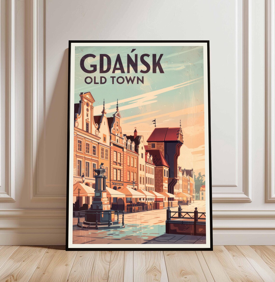 Gdansk Old Town Poland Vintage Travel Poster with Waterfront Crane