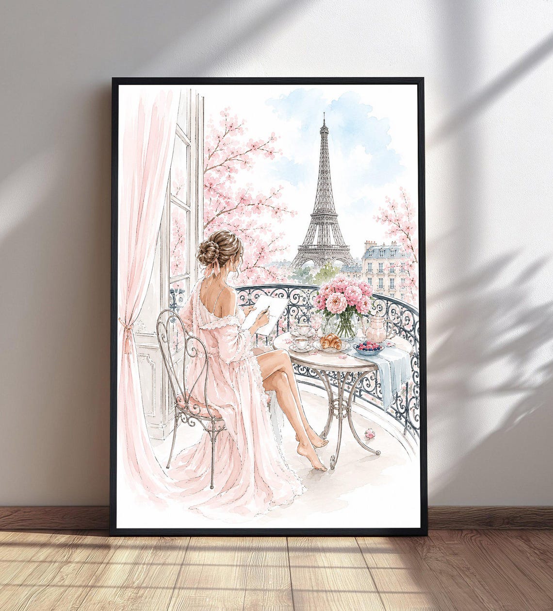 Romantic Paris Balcony Eiffel Tower View Watercolor Woman Poster