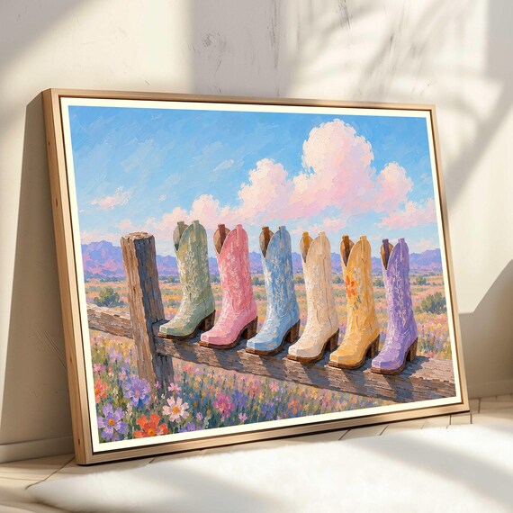 Pastel Cowboy Boots Fence Wildflower Field Rustic Western Poster
