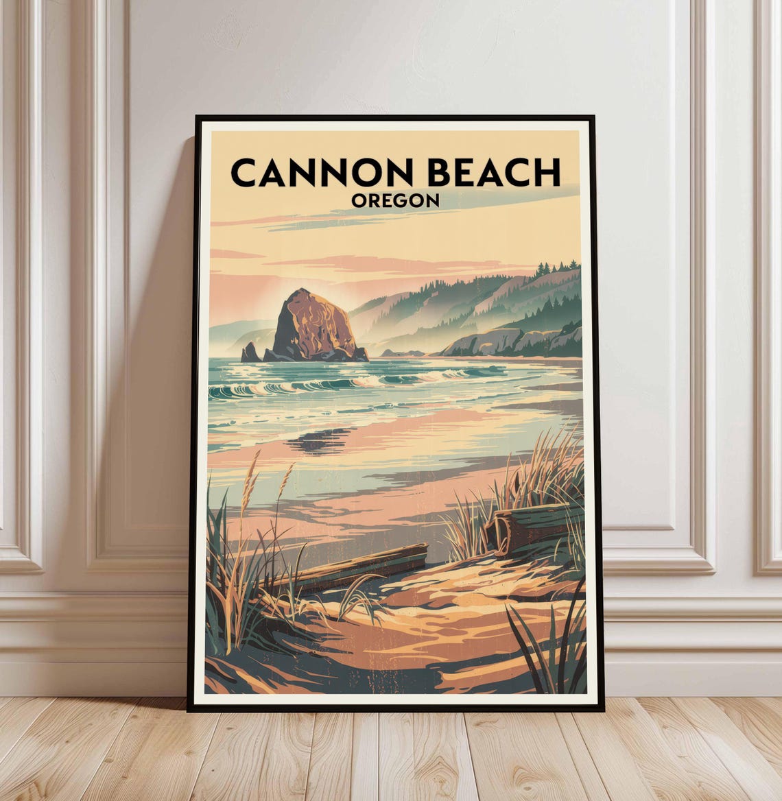 Cannon Beach Oregon Haystack Rock Coastal Sunset Travel Poster