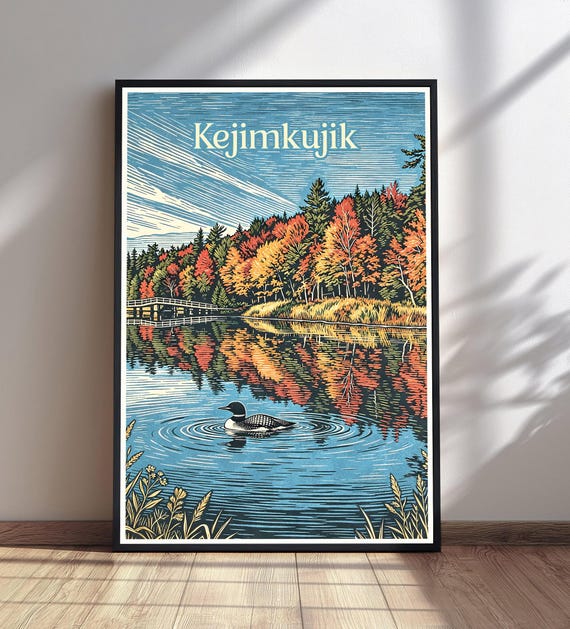 Kejimkujik National Park Print Nova Scotia Travel Poster Loon Lake Autumn Wall Art Vintage Nature Decor