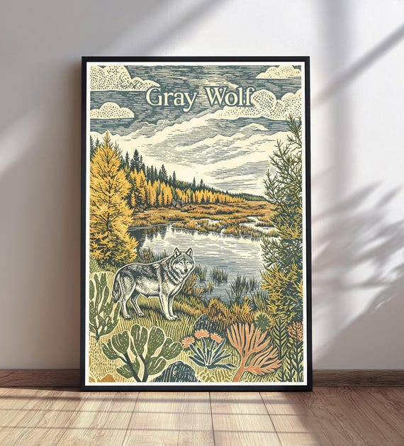 Gray Wolf Art Print Woodcut Style Nature Wall Forest Lake Landscape Wildlife Home Decor