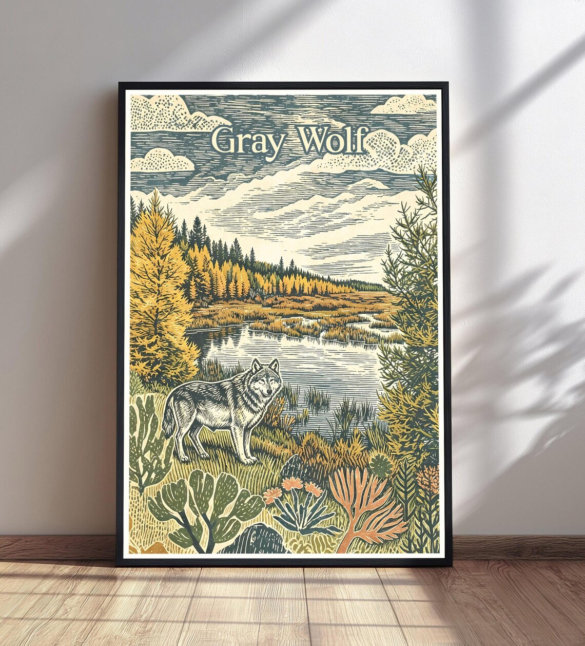 Gray Wolf Vintage Woodcut Poster Lakeside Forest Wildlife Art
