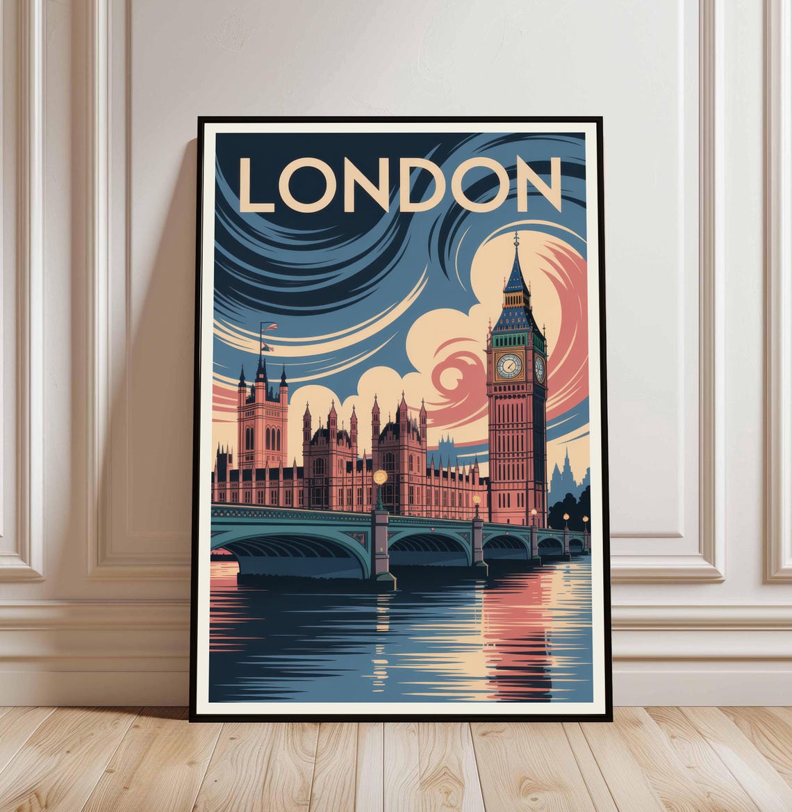 London Big Ben and Westminster Bridge Sunset Vintage Travel Poster
