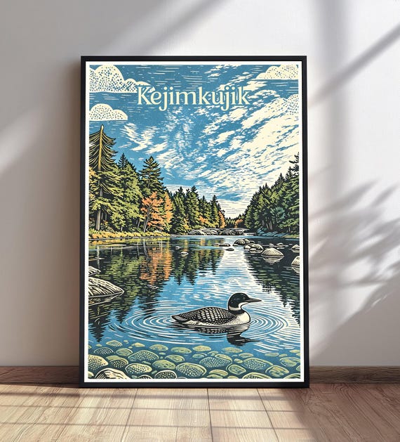 Kejimkujik National Park Print Vintage Travel Poster Loon Lake Art Autumn Forest Wall Decor
