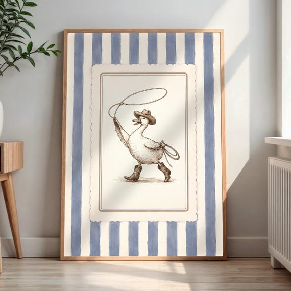 Silly Cowboy Goose Print Duck Wall Art Vintage Western Nursery Decor Funny Ranch Animal