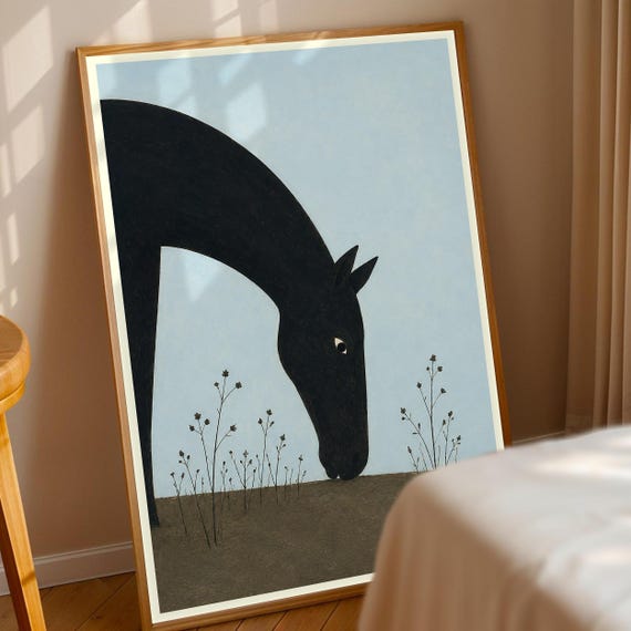 Minimalist Black Horse Art Print Modern Equestrian Wall Decor Head Painting Rustic Farmhouse