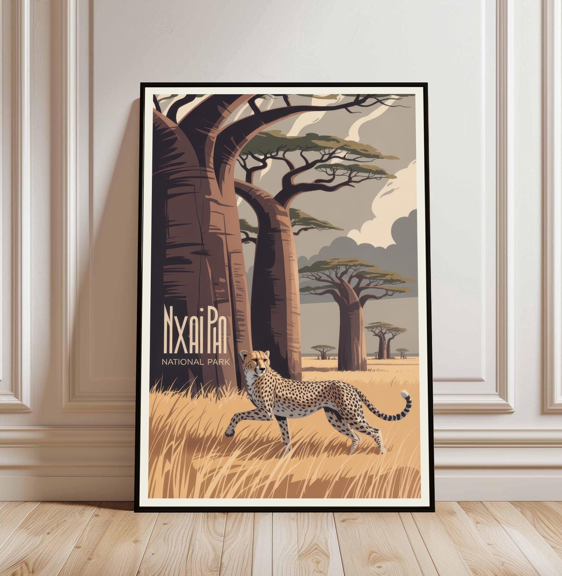 Nxai Pan National Park Cheetah Baobab Trees Vintage Safari Poster Art
