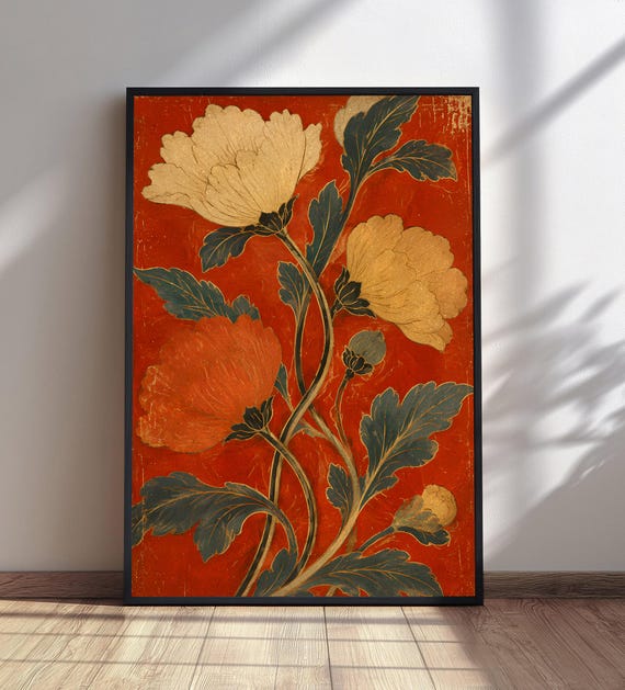 Vintage Japanese Botanical Print Golden Orange Flowers Wall Art Red Textured Background Decor Floral Nature