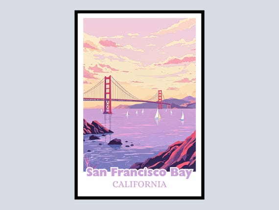 Golden Gate Bridge Framed Poster San Francisco Bay Art Travel Gift Coastal Wall Decor Pink Sky Modern Home
