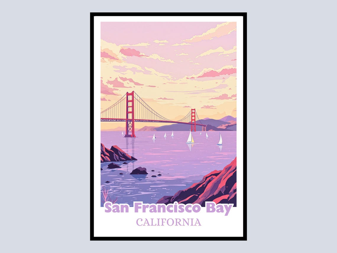 San Francisco Bay California Golden Gate Bridge Sunset Travel Poster