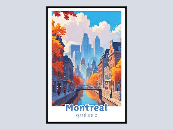 Montreal Quebec Autumn Canal Street Cityscape Vintage Travel Poster