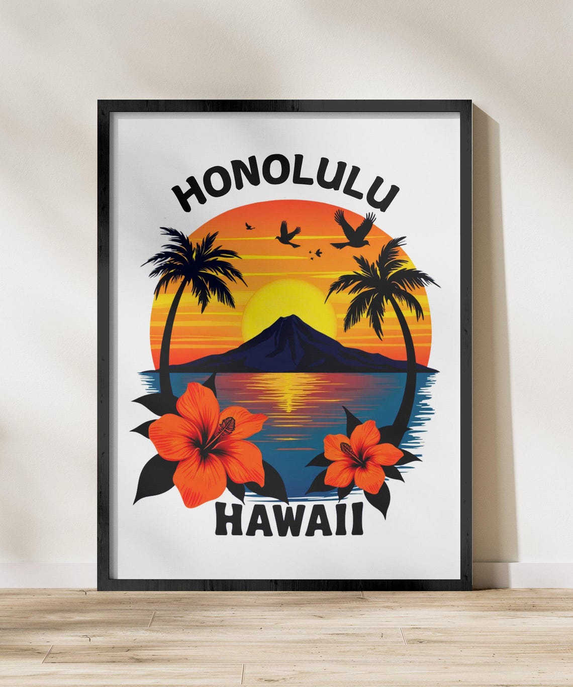 Honolulu Hawaii Hibiscus Flowers Volcano Sunset Tropical Poster - Image 2