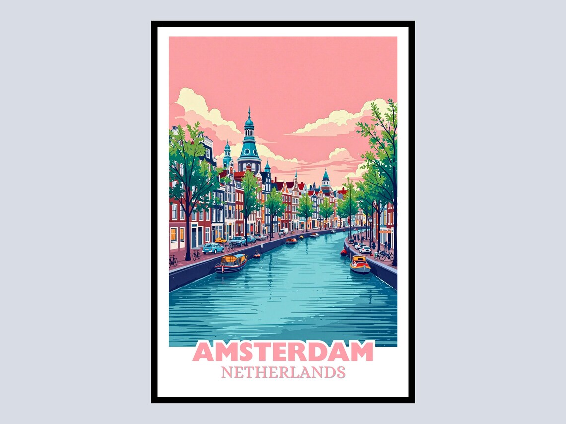 Amsterdam Netherlands Canal Travel Poster Pink Sky Cityscape