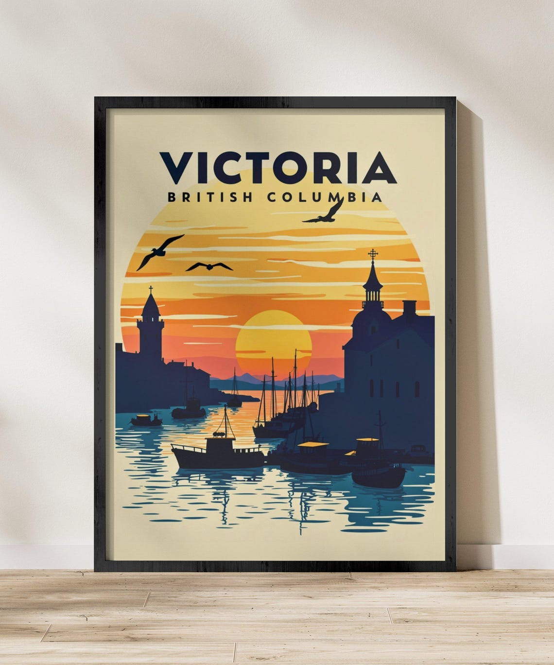 Victoria British Columbia Harbor Sunset Boats Coastal Retro Poster - Image 2