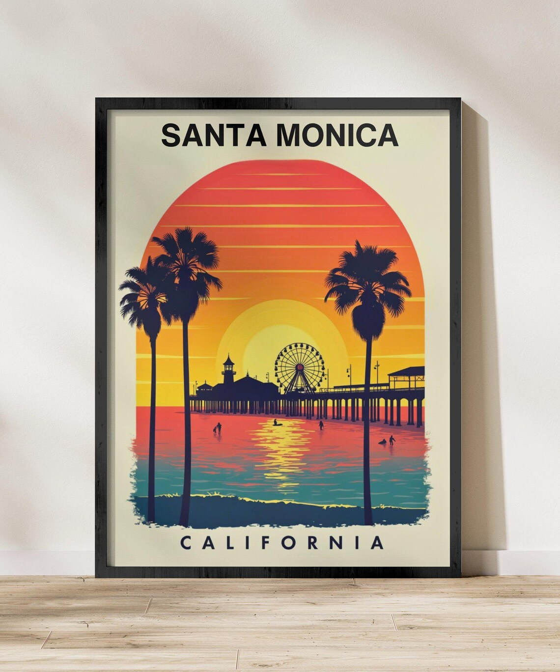 Santa Monica California Sunset Pier Ferris Wheel Palm Tree Vintage Poster - Image 2