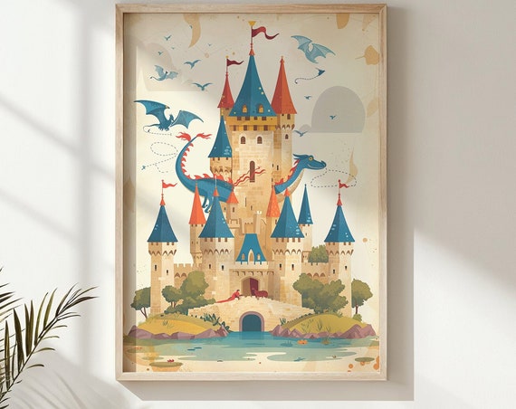Fantasy Castle And Dragon Print Nursery Wall Art Kids Posters Decor Whimsical Fairytale Art Magical Kingdom Instant