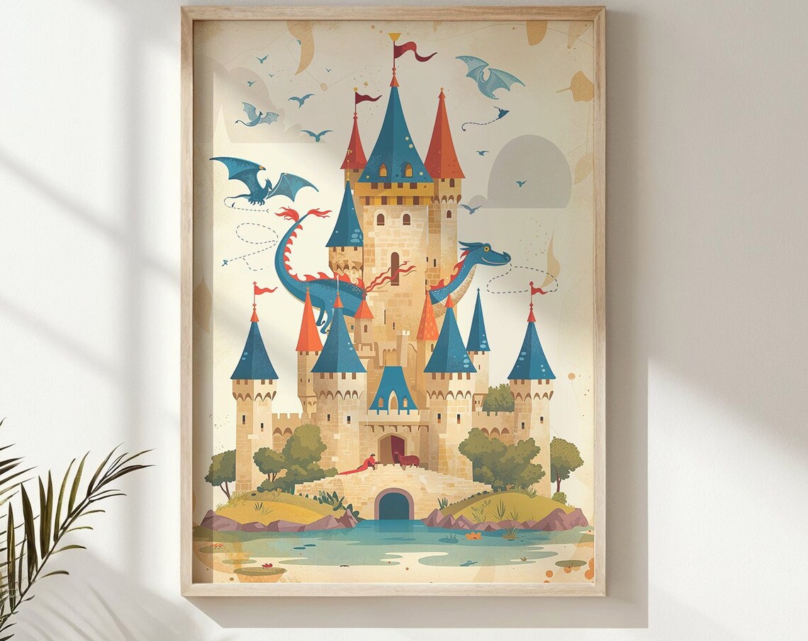 Fairytale Castle Friendly Blue Dragon Whimsical Storybook Kids Poster