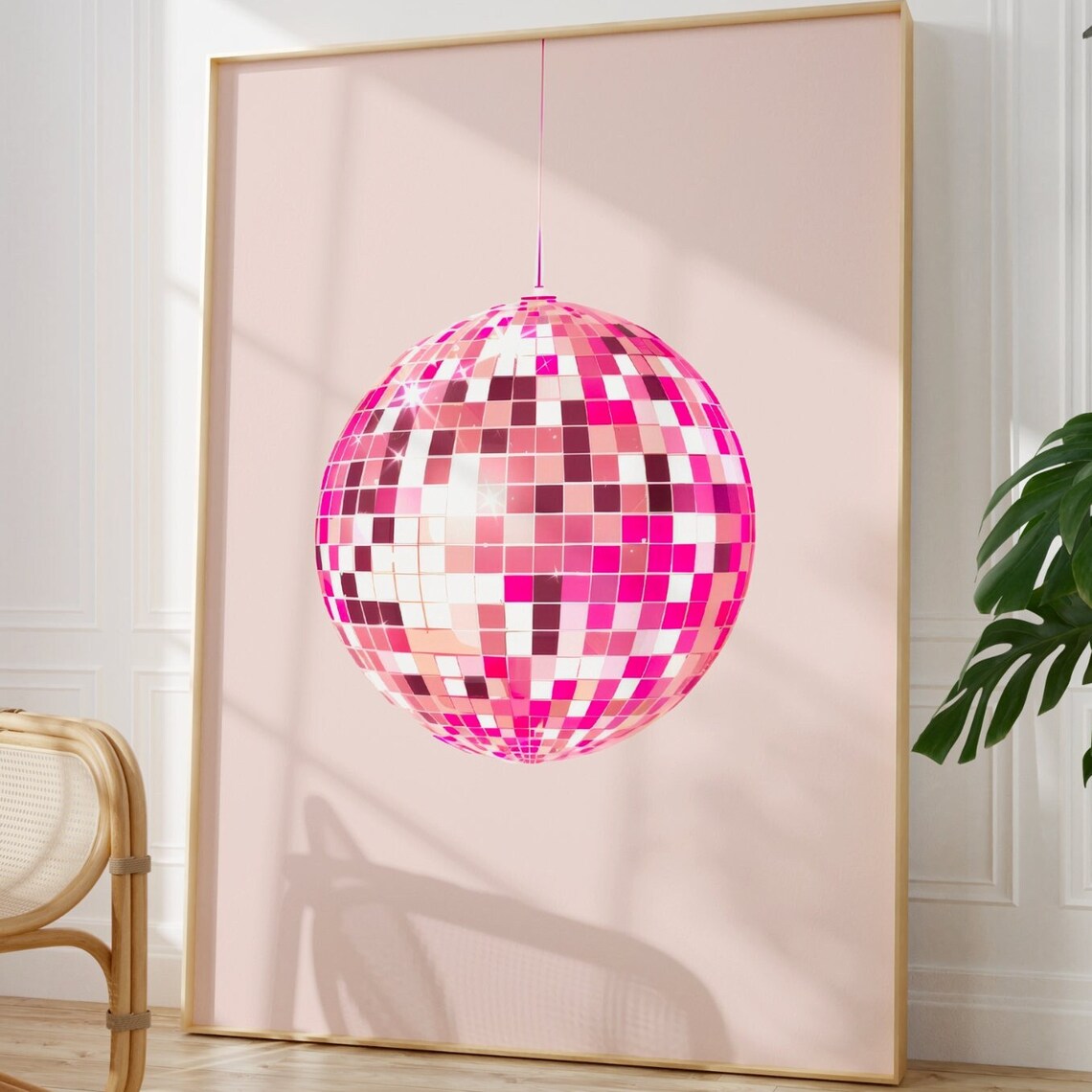 Pink Disco Ball Retro Party Minimalist Sparkly Blush Glam Wall Art