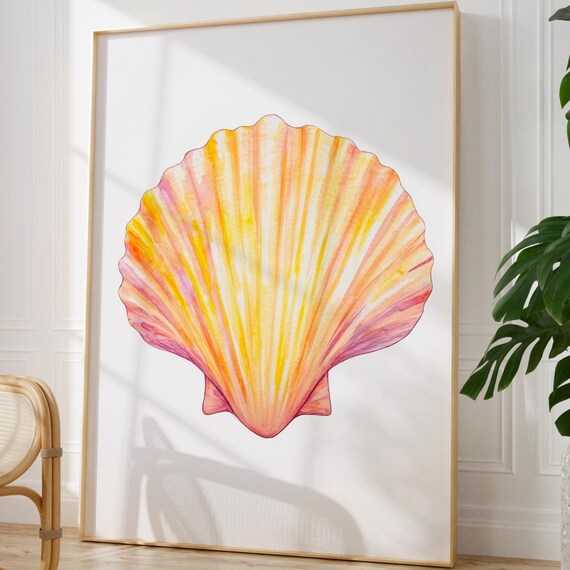 Vintage Coastal Yellow Seashell Poster Trendy Beach House Art Retro Surf Print Preppy Dorm Decor Girly Maximalist Bar Cart Decor