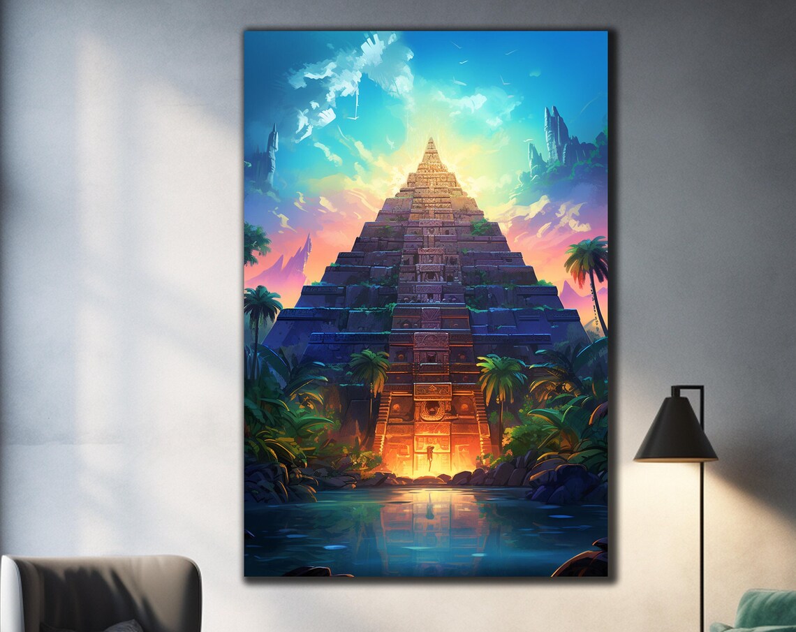Mayan Step Pyramid Tropical Lagoon Sunlit Sky Jungle Travel Poster