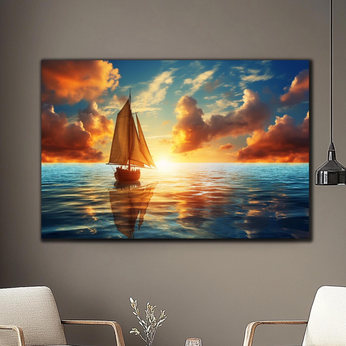 Vibrant Sailing Ship Sunset Ocean Golden Sky Seascape Travel Poster