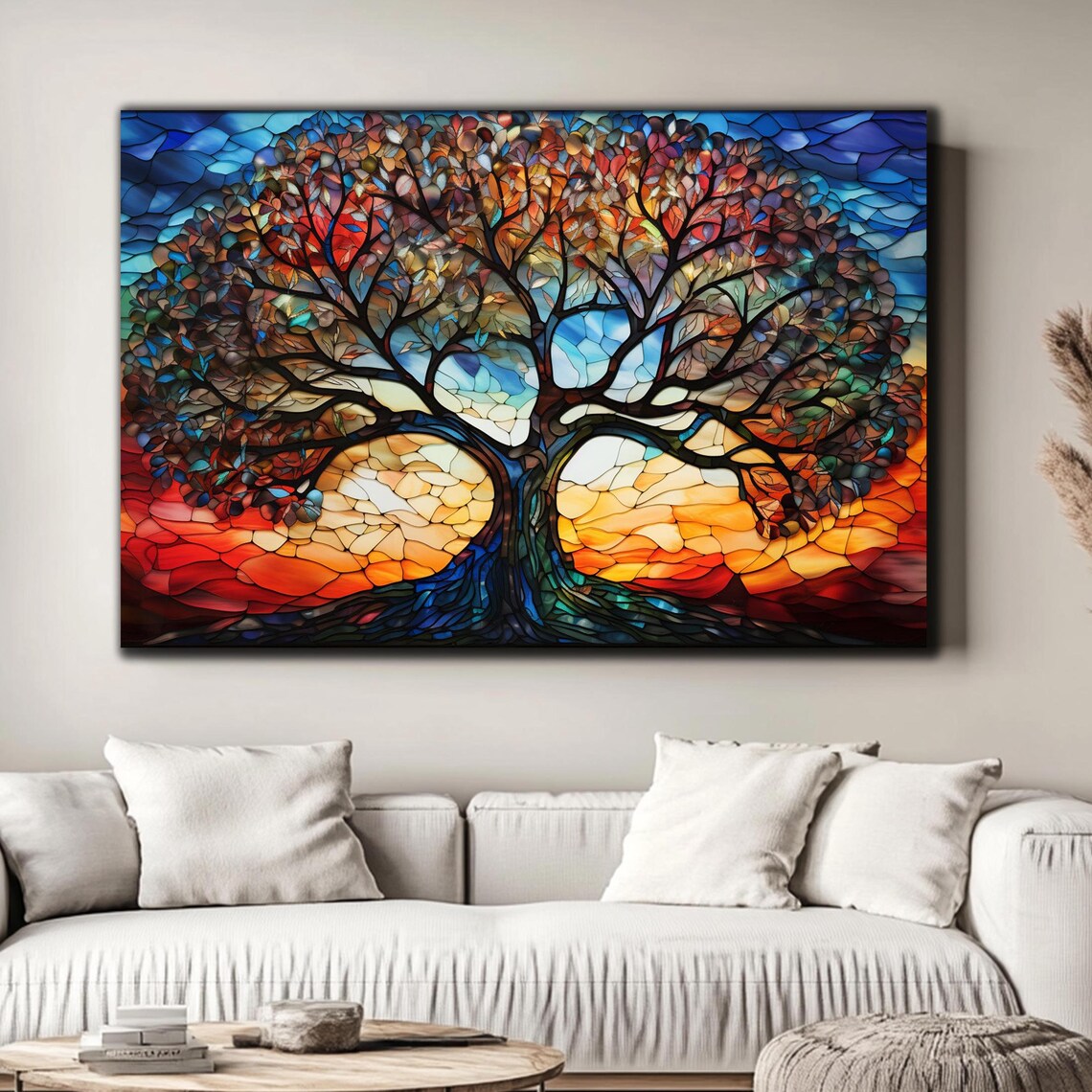Tree of Life Sunset Stained Glass Mosaic Orange Sky Art Wall Art