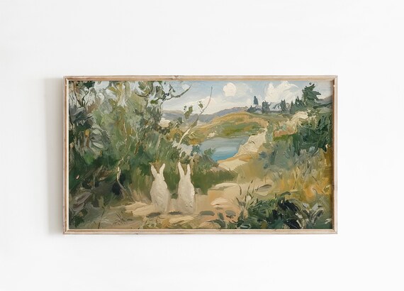 White Rabbits Textured Abstract Painting Lakeside Hillside View Poster