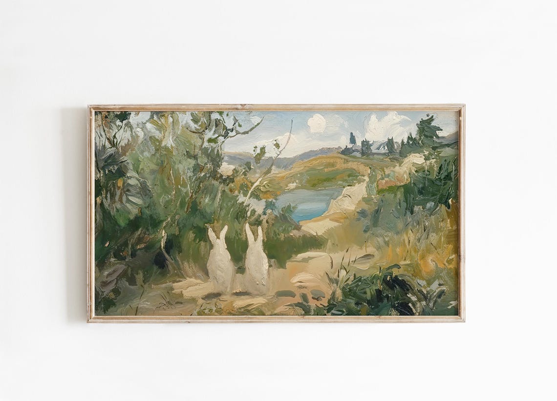 White Rabbits Textured Abstract Painting Lakeside Hillside View Poster